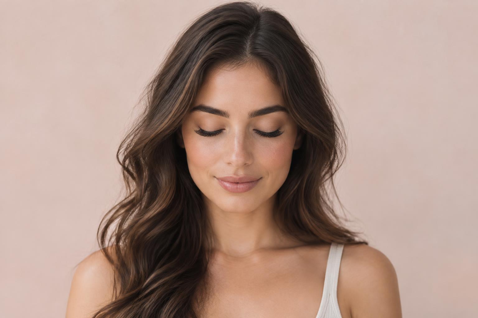 Woman with closed eyes showing softly styled lash extensions